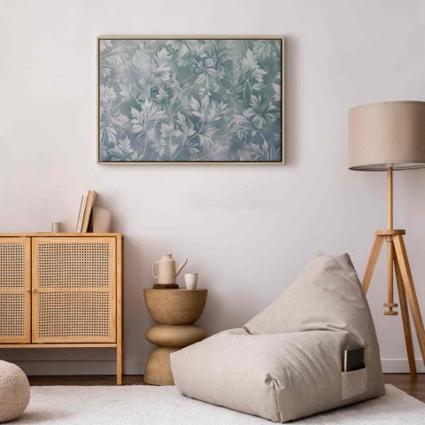 Obraz - Ornamenty w przetartych zgaszonych turkusach: delikatny wzór roślinny 90x60 W ramie drewnianej naturalnej