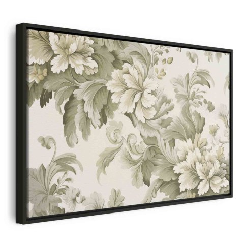 Obraz - Retro vintage kwiaty w delikatnych kolorach kremowych i zielonych 120x80 W ramie drewnianej czarnej