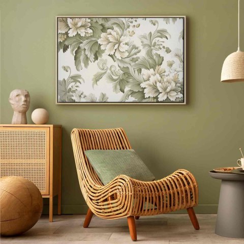 Obraz - Retro vintage kwiaty w delikatnych kolorach kremowych i zielonych 120x80 W ramie drewnianej naturalnej