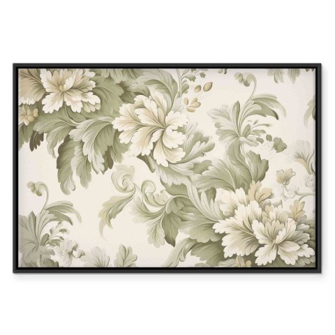 Obraz - Retro vintage kwiaty w delikatnych kolorach kremowych i zielonych 90x60 W ramie drewnianej czarnej