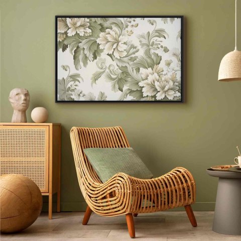 Obraz - Retro vintage kwiaty w delikatnych kolorach kremowych i zielonych 90x60 W ramie drewnianej czarnej