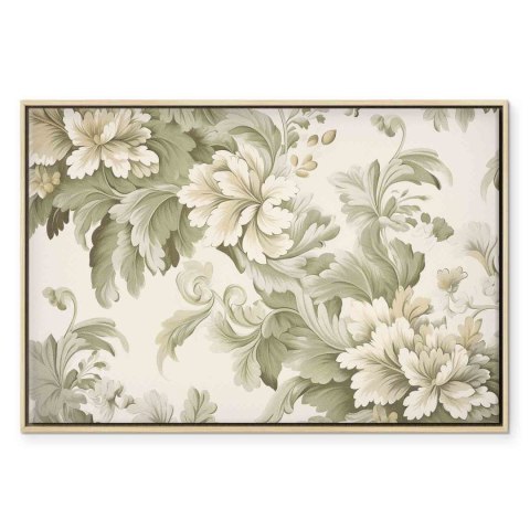 Obraz - Retro vintage kwiaty w delikatnych kolorach kremowych i zielonych 90x60 W ramie drewnianej naturalnej