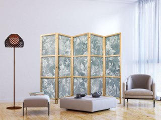Parawan japoński - Ornamenty w przetartych zgaszonych turkusach - delikatny wzór roślinny 225x172