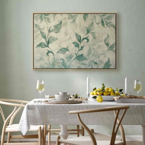 Obraz - Akwarelowy motyw botaniczny delikatne zielono-beżowe listki 120x80 W ramie drewnianej naturalnej