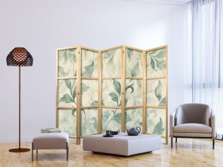 Parawan japoński - Akwarelowy motyw botaniczny - delikatne zielono-beżowe listki 225x172