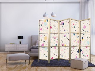 Parawan japoński - Kropki - plamki i kleksy wielokolorowe - wesoły wzór na jasnoróżowym tle 225x172