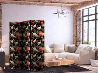 Parawan - Ornament z ptakami - sylwetki żurawi i kwiaty piwonii na ciemnym tle 135x172 Dwustronny