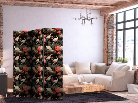 Parawan - Ornament z ptakami - sylwetki żurawi i kwiaty piwonii na ciemnym tle 135x172 Dwustronny