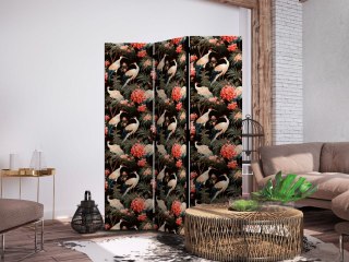 Parawan - Ornament z ptakami - sylwetki żurawi i kwiaty piwonii na ciemnym tle 135x172 Dwustronny