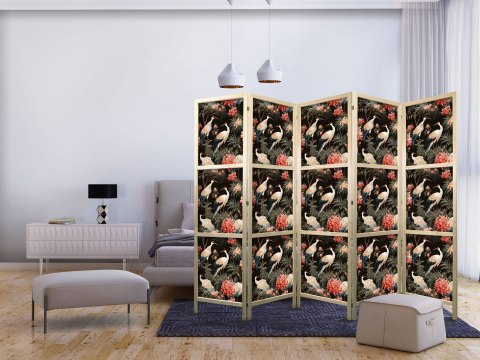 Parawan japoński - Ornament z ptakami - sylwetki żurawi i kwiaty piwonii na ciemnym tle 225x172
