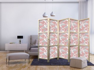 Parawan japoński - Pastelowe ptaki - delikatny wzór w biało-szare czaple na jasno-różowym tle 225x172