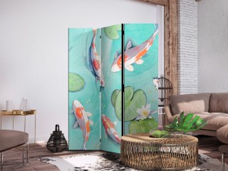 Parawan - Zjawiskowe rybki - Biało-pomarańczowe rybki Koi pływające w krystalicznie przejrzystej wodzie z nenufarami 135x172 Dwu