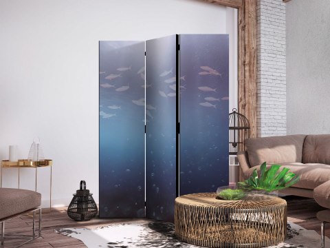 Parawan - Ławica małych rybek - Rozświetlona oceaniczna toń w barwach granatu fioletu i szarości z ławicą drobnych rybek 135x172