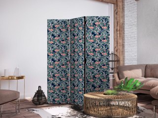 Parawan - Rybki wśród liści - Barwne rybki Koi wśród ciemnozielonych lisci nenufarów na tafli granatowej wody 135x172 Dwustronny