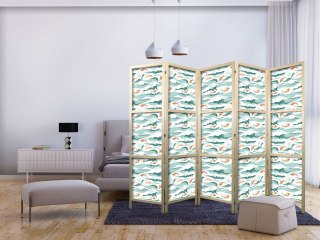 Parawan japoński - Ryby wyskakujące ponad fale - Orientalne ryby i lilie wodne wśród wysokich fal w barwach morskiej zieleni 225