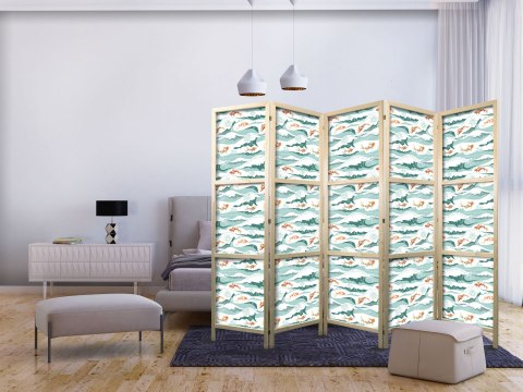 Parawan japoński - Ryby wyskakujące ponad fale - Orientalne ryby i lilie wodne wśród wysokich fal w barwach morskiej zieleni 225