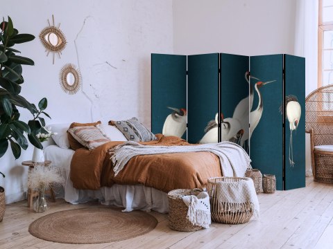 Parawan - Wieczór nad stawem - grupa żurawi narysowana suchą pastelą, na ciemno-turkusowym tle 225x172 Akustyczny