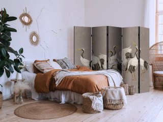 Parawan - Taniec żurawi - jasne sylwetki ptaków na ciepło-szarym tle z fakturą 225x172 Jednostronny