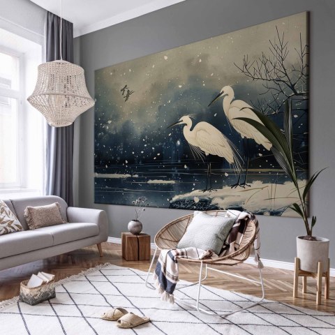 Obraz XXL - Czaple nad zimowym stawem - ilustracja w stylu japońskiego w ciemnej kolorystyce 200x133