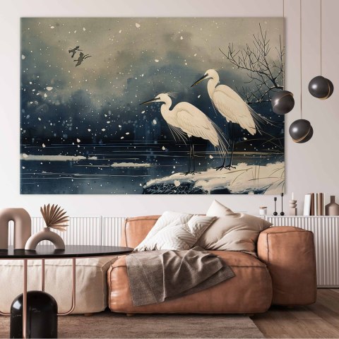 Obraz XXL - Czaple nad zimowym stawem - ilustracja w stylu japońskiego w ciemnej kolorystyce 220x147