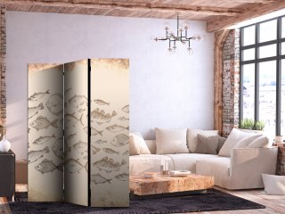 Parawan - Szkic ławicy ryb - Szkice różnych gatunków ryb płynących w ławicy na beżowym tle w stylu vintage 135x172 Jednostronny