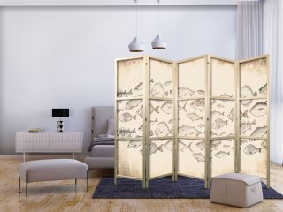 Parawan japoński - Szkic ławicy ryb - Szkice różnych gatunków ryb płynących w ławicy na beżowym tle w stylu vintage 225x172