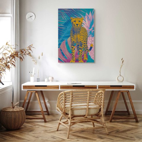 Obraz - Egzotyczny Lampart - Kolorowy Portret Geparda na Tle Tropikalnych Liści 20x30 Standard