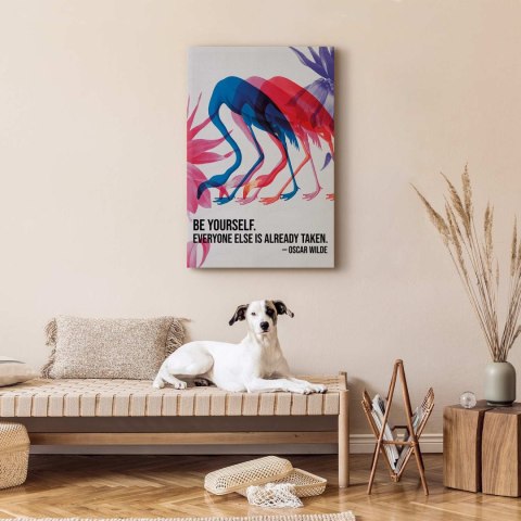 Obraz - Kolorowe Flamingi - inspirujący cytat z barwnymi sylwetkami ptaków 20x30 Na płótnie włoskim