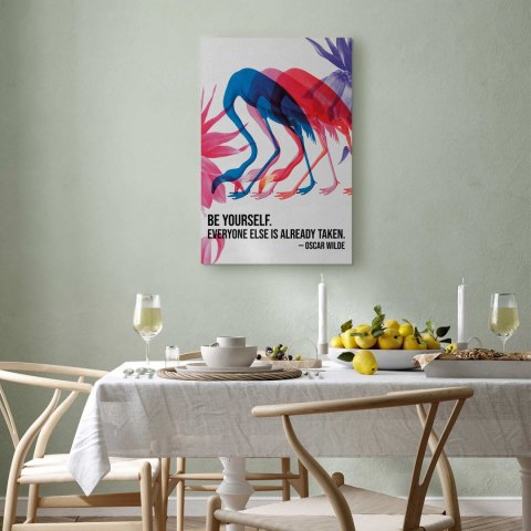 Obraz - Kolorowe Flamingi - inspirujący cytat z barwnymi sylwetkami ptaków 20x30 Standard