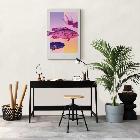 Obraz - Ryby w Pastelach - stylizowane ryby na tle gradientowych kształtów 20x30 Standard