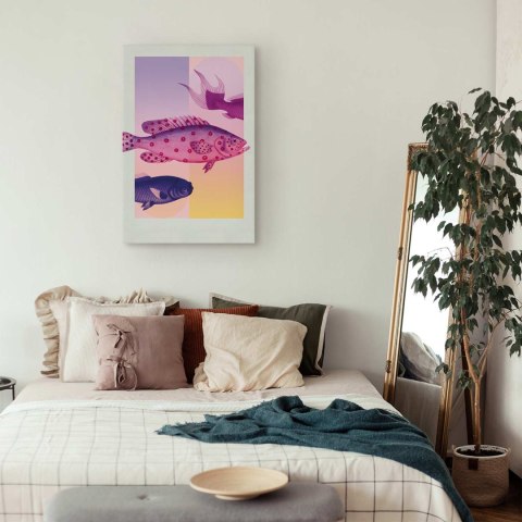 Obraz - Ryby w Pastelach - stylizowane ryby na tle gradientowych kształtów 60x90 Standard