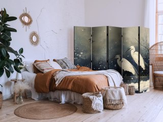 Parawan - Czaple nad zimowym stawem - ilustracja w stylu japońskiego w ciemnej kolorystyce 225x172 Dwustronny