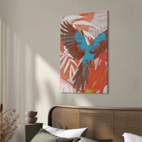 Obraz - Egzotyczne skrzydła - Papuga wśród abstrakcyjnych wzorów liści 60x90 Standard