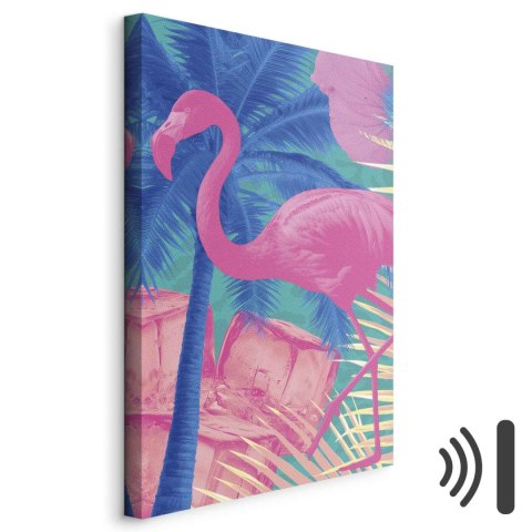 Obraz - Różowy Flaming - Abstrakcyjny Flaming na Tle Palm i Kostek Lodu 20x30 Akustyczny