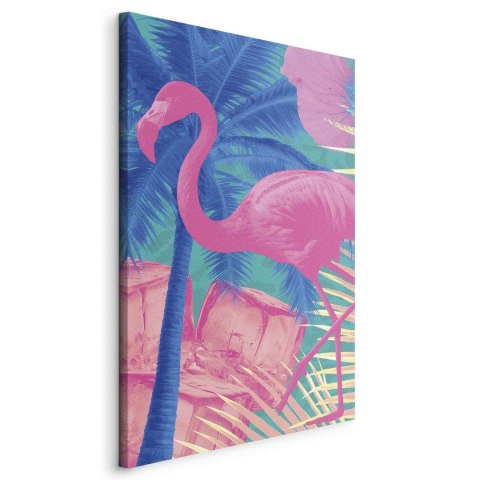 Obraz - Różowy Flaming - Abstrakcyjny Flaming na Tle Palm i Kostek Lodu 20x30 Standard