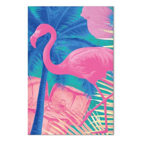 Obraz - Różowy Flaming - Abstrakcyjny Flaming na Tle Palm i Kostek Lodu 20x30 Standard