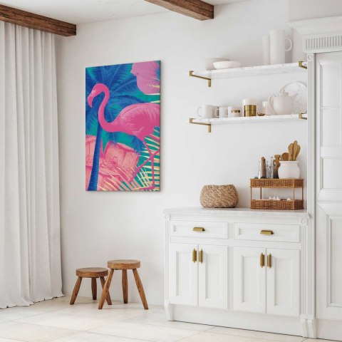 Obraz - Różowy Flaming - Abstrakcyjny Flaming na Tle Palm i Kostek Lodu 40x60 Standard