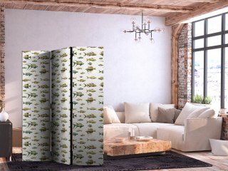 Parawan - Niezwykłe gatunki ryb - Gromada ryb w stonowanej kolorystyce w stylu retro na tle z beżowych kreseczek 135x172 Akustyc