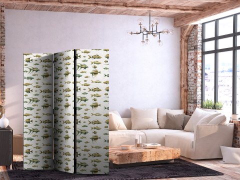 Parawan - Niezwykłe gatunki ryb - Gromada ryb w stonowanej kolorystyce w stylu retro na tle z beżowych kreseczek 135x172 Akustyc