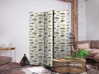 Parawan - Niezwykłe gatunki ryb - Gromada ryb w stonowanej kolorystyce w stylu retro na tle z beżowych kreseczek 135x172 Dwustro