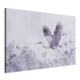 Obraz XXL - Majestatyczny lot - żuraw w locie w monochromatycznej, chłodnej kolorystyce 220x147