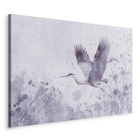 Obraz - Majestatyczny lot - żuraw w locie w monochromatycznej, chłodnej kolorystyce 30x20 Na płótnie włoskim