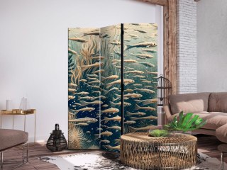 Parawan - Życie w oceanie - Podwodny świat ryb i roślinności w kolorystyce beżowej i granatowej w stylu retro 135x172 Dwustronny