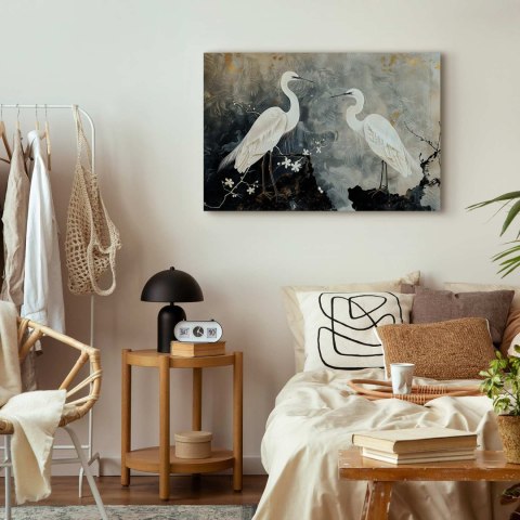Obraz - Czaple i kwiat wiśni - ilustracja w orientalnym stylu przedstawiająca ptaki 30x20 Standard