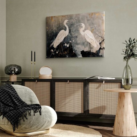 Obraz - Czaple i kwiat wiśni - ilustracja w orientalnym stylu przedstawiająca ptaki 90x60 Standard