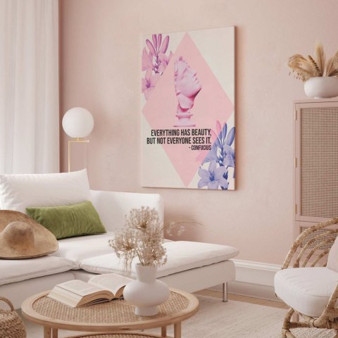 Obraz - Piękno w Oczach - inspirujący cytat z różowym popiersiem i kwiatami 80x120 Akustyczny