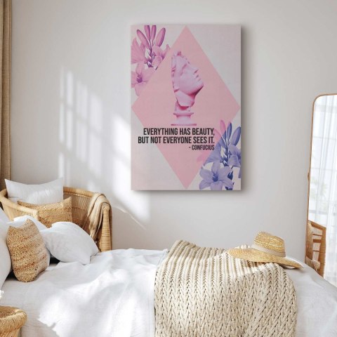 Obraz - Piękno w Oczach - inspirujący cytat z różowym popiersiem i kwiatami 80x120 Akustyczny