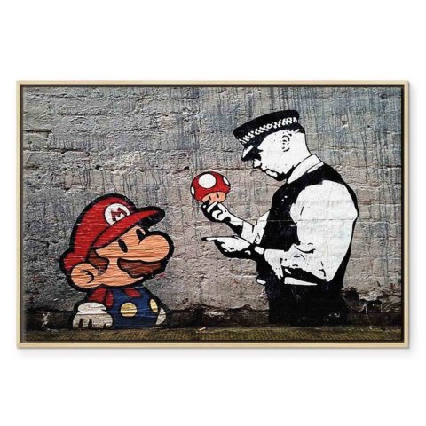 Obraz - Mario and Cop by Banksy 120x80 W ramie drewnianej naturalnej