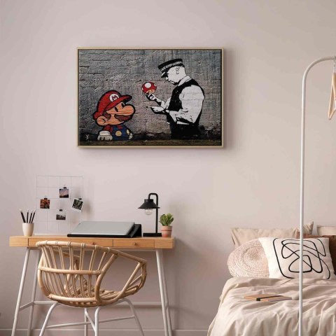 Obraz - Mario and Cop by Banksy 120x80 W ramie drewnianej naturalnej