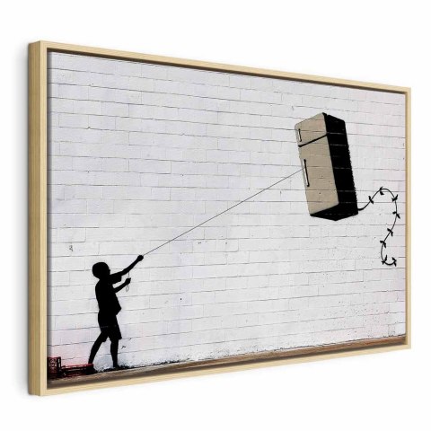Obraz - Latająca lodówka (1-częściowy) szeroki 120x80 W ramie drewnianej naturalnej